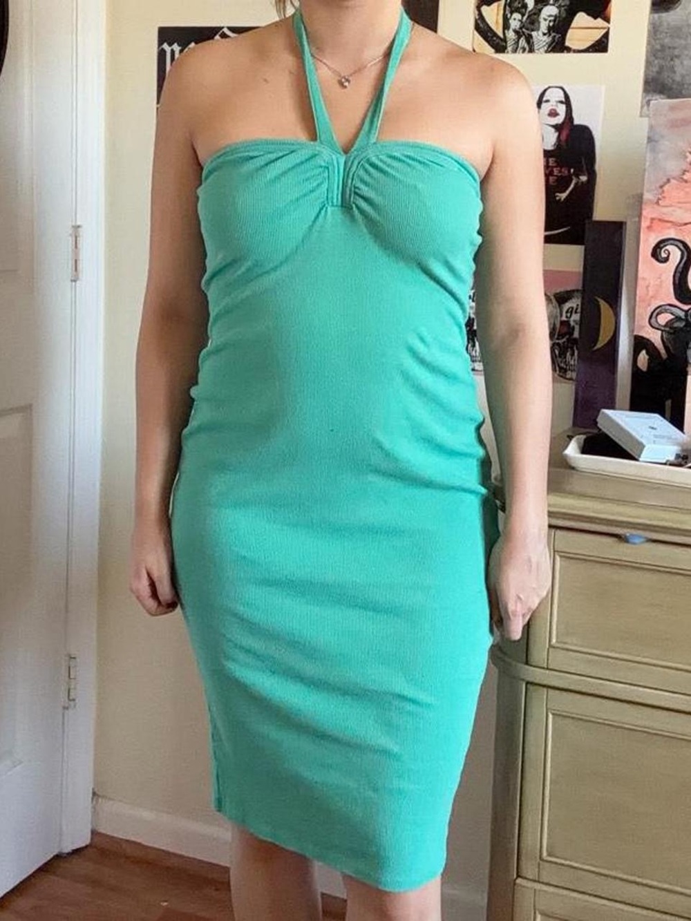 Nine West  Halter Neck Bodycon Dress in Aqua Green